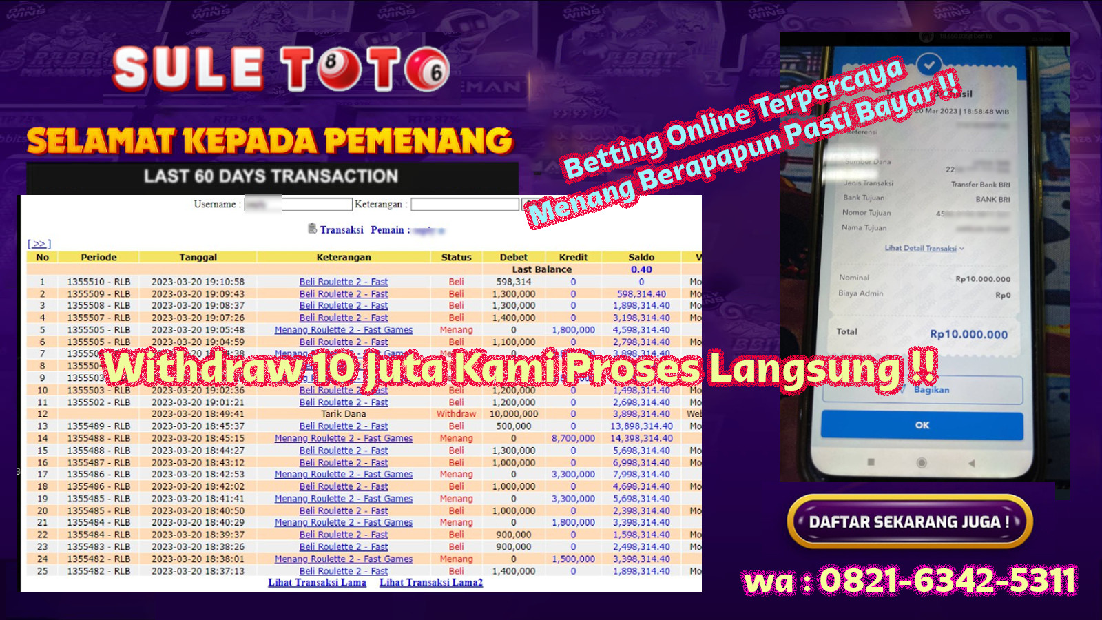 Bukti JP Live Casino - Roulette - 10 juta