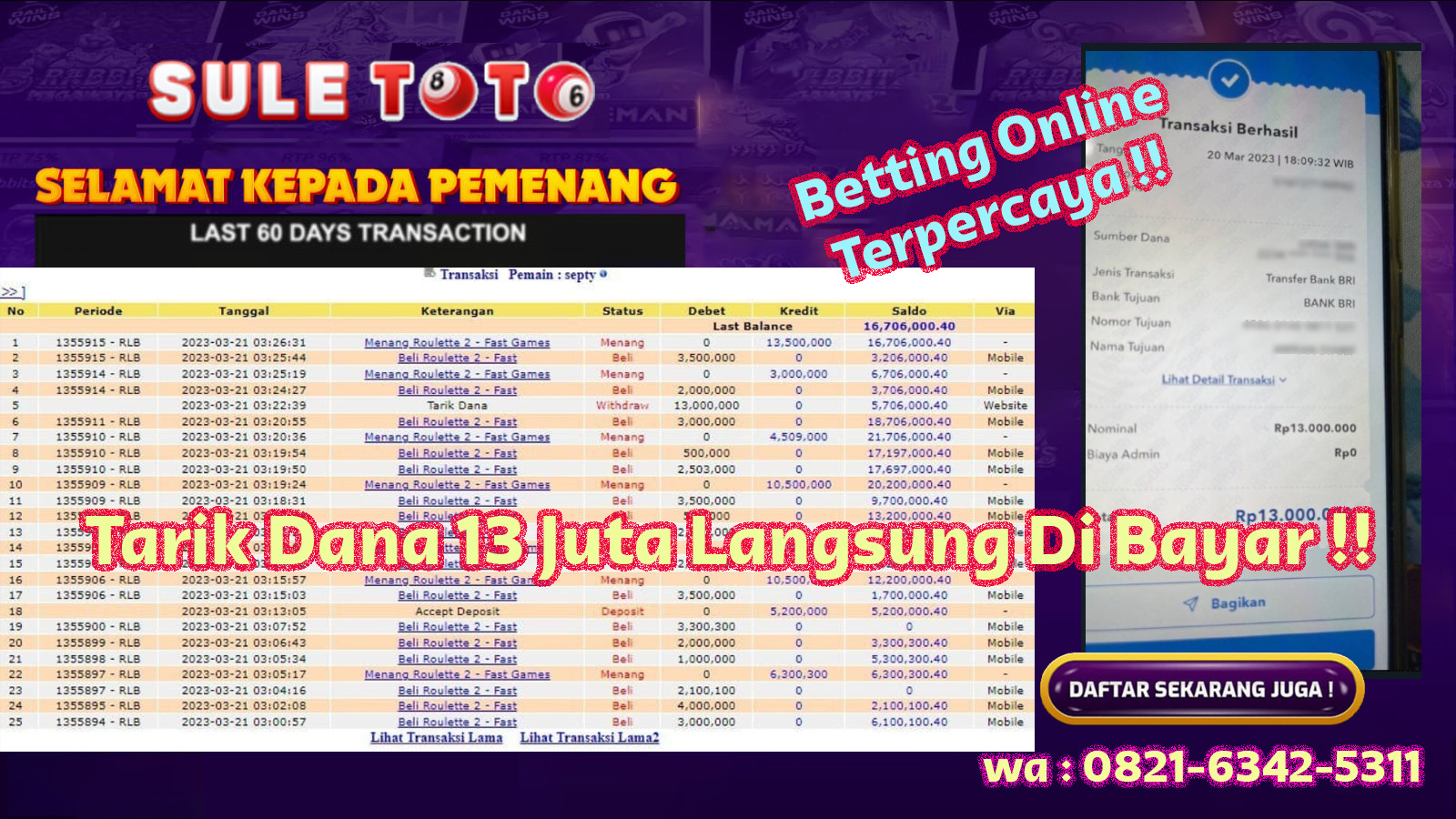 Bukti JP Live Casino - Roulette - 13 juta