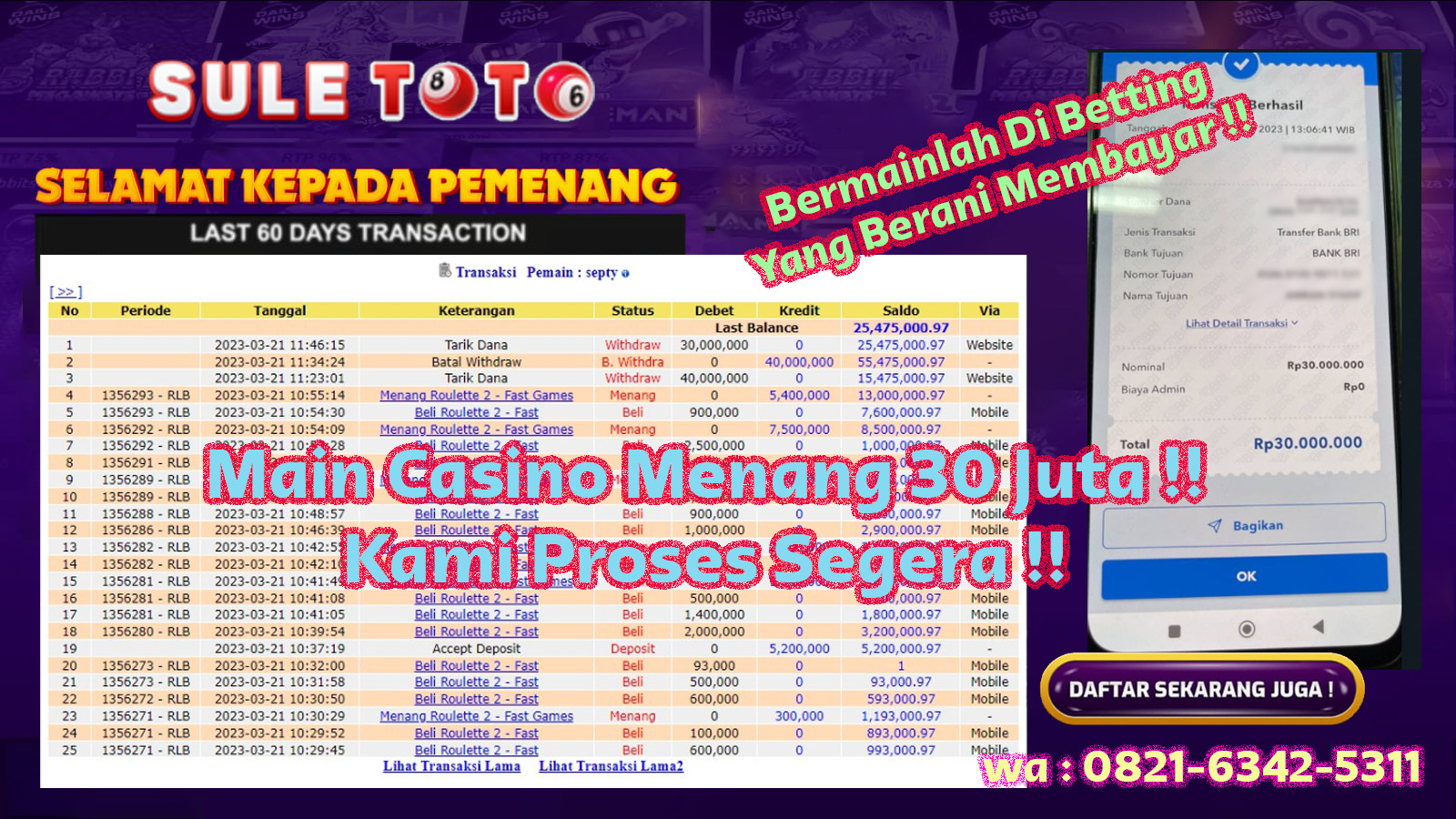 Bukti JP Live Casino - Roulette - 30 juta