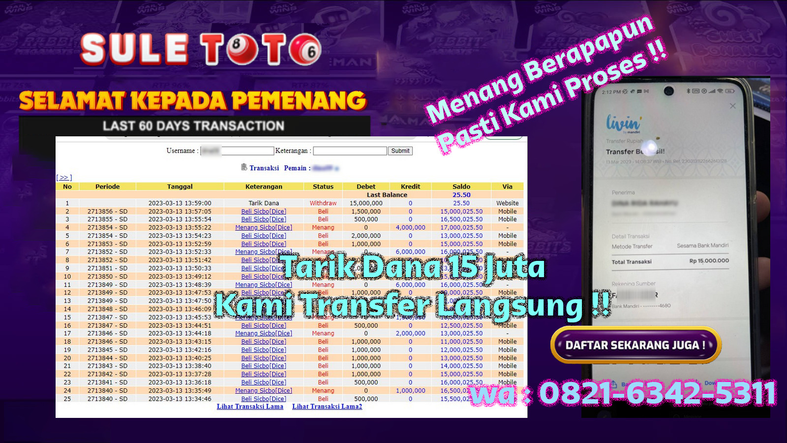 Bukti JP Live Casino - Sicbo Dadu